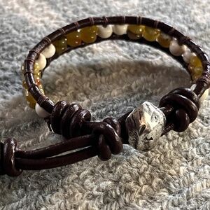 UNISEX- Leather Wrap Bracelet-Serpentine Jade and White Turquoise - adjustable